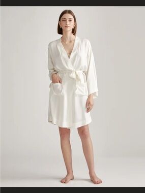 Quince Ivory Short Kimono Robe Washed Silk NWT